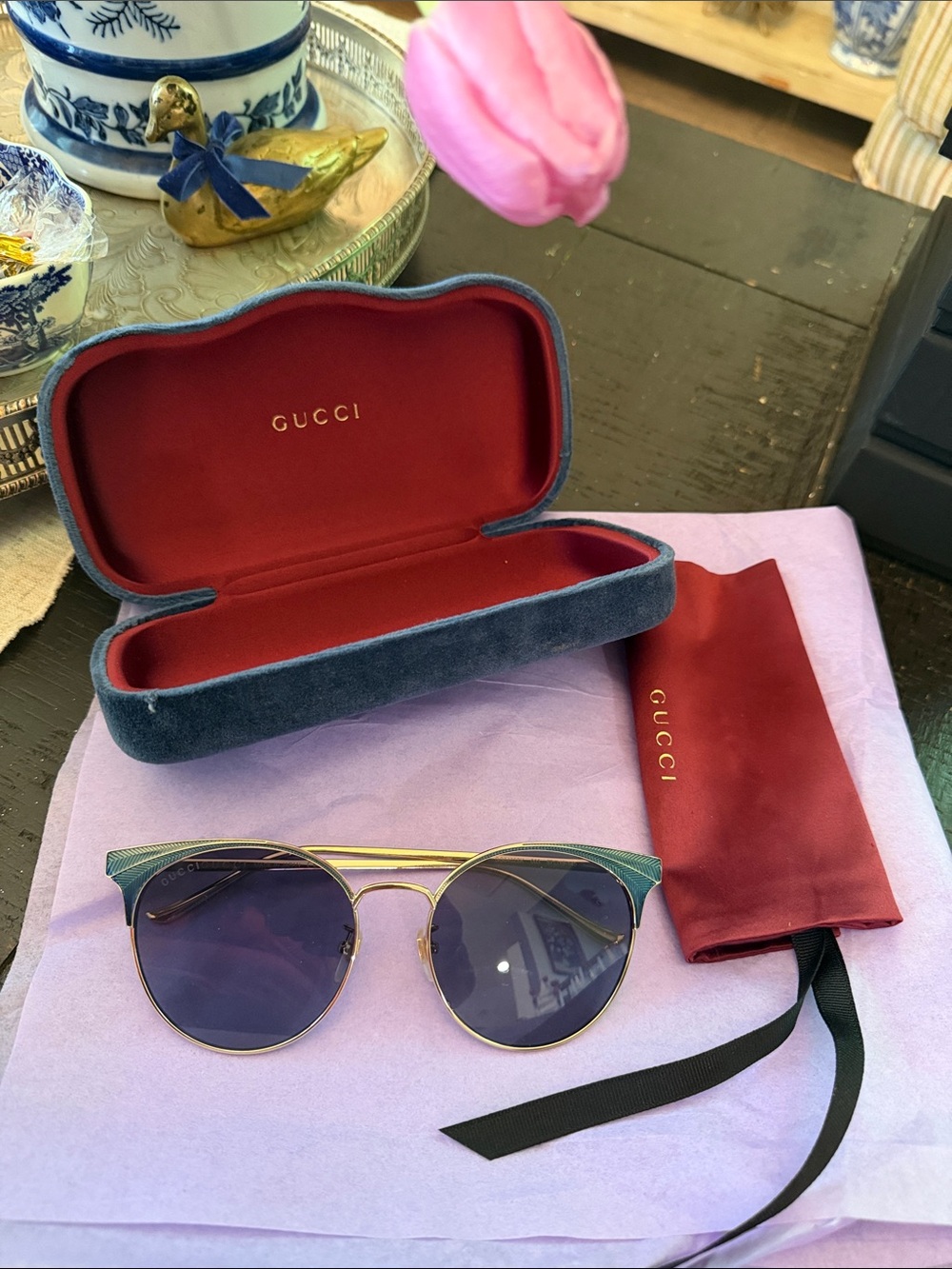 Gucci Gold Frame Sunglasses with Blue Lenses
